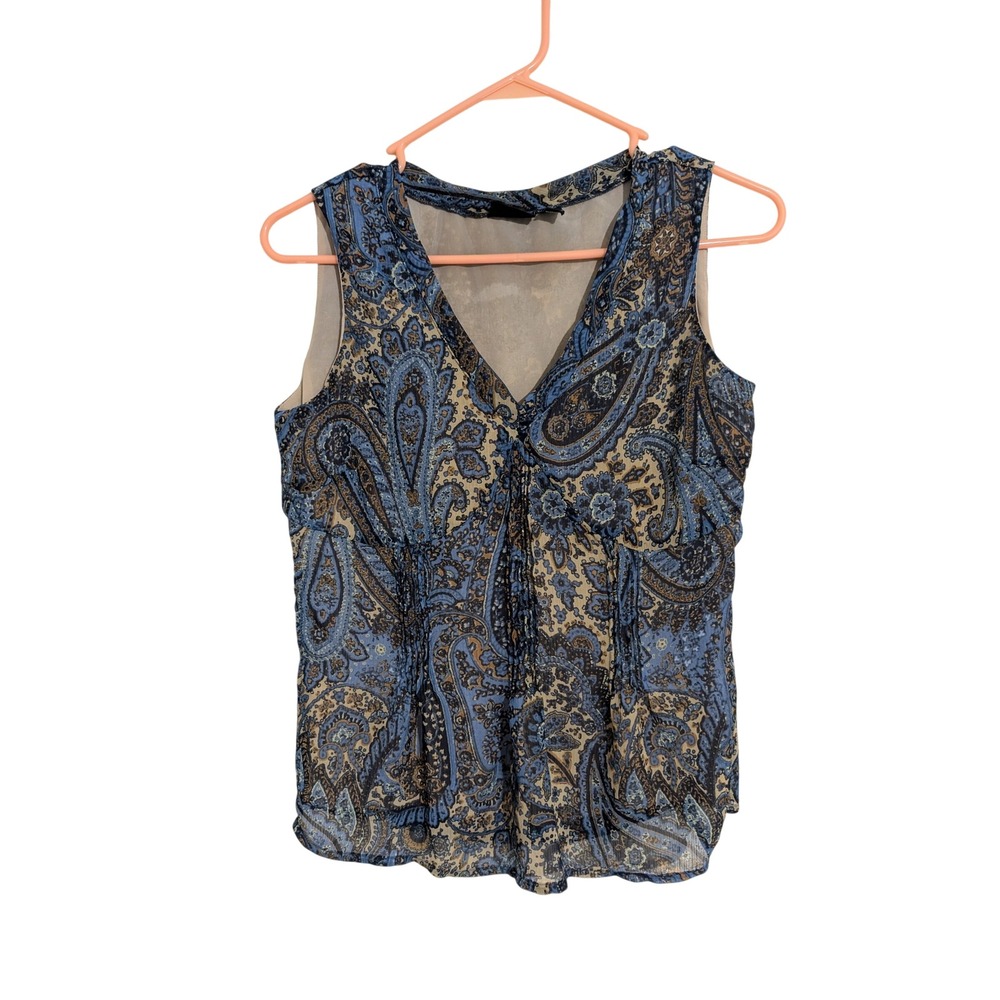 a.n.a A New Approach Blue Paisley Sleeveless V-Neck Blouse Petite Medium Tank